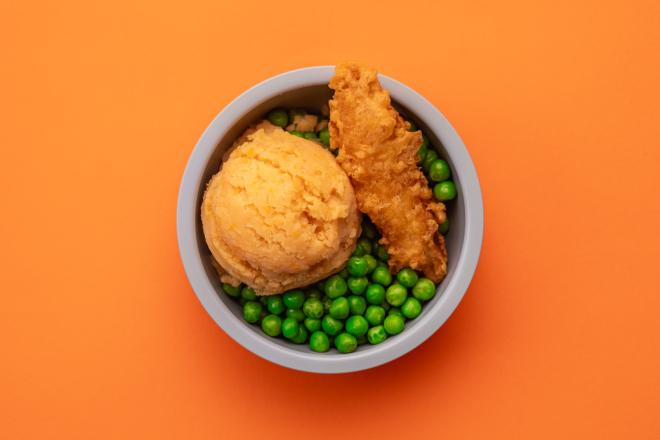Baked Cod Goujon with Sweet Potato and Peas